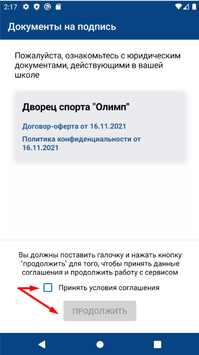 Окно с документами при первом входе в ЛК через мобильное приложение